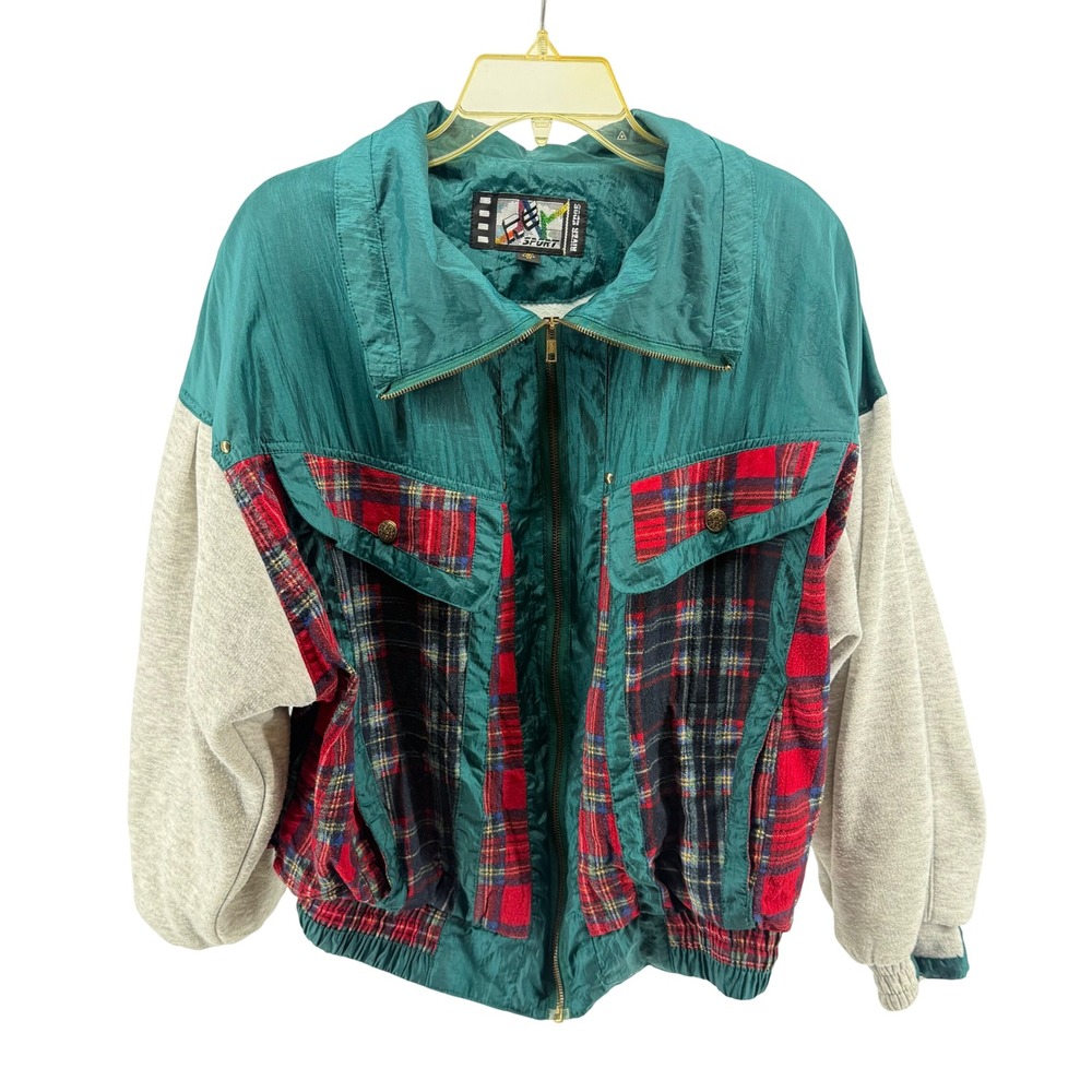 River Edge Sport Jacket‎ Teal Plaid Color Block Vintage 90s Full Zip Medium